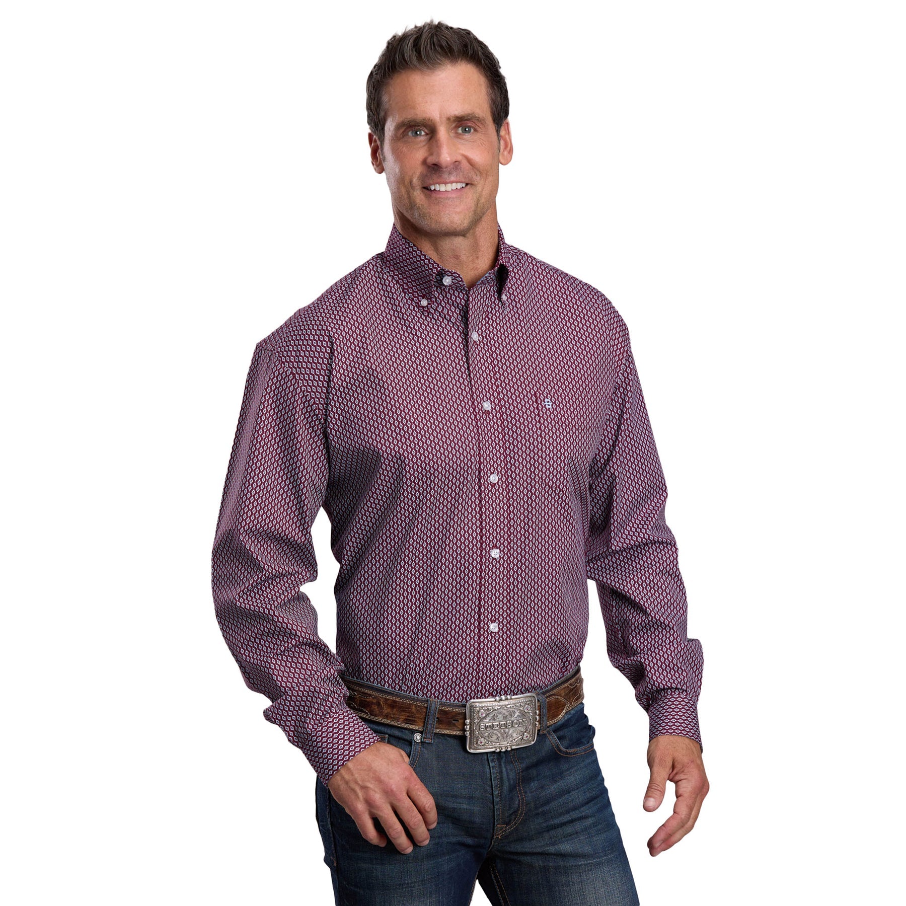 Men's Stetson Collection Print Shirt - Wine Geo Diamond Print