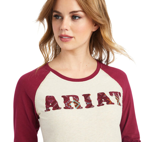 Ariat Womens R.E.A.L Oatmeal Heather/Beet Red Baseball T-Shirt