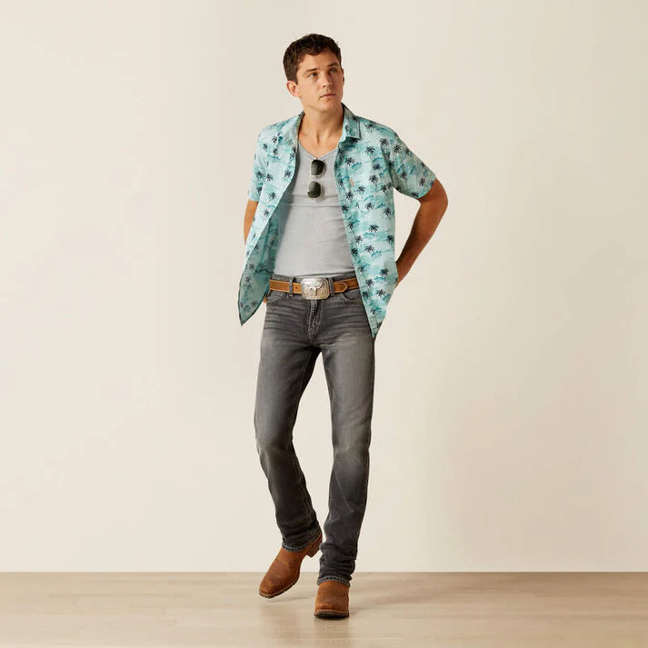 Ariat Men's Turquoise Palm Print Maverick Modern Fit Short Sleeve Shirt