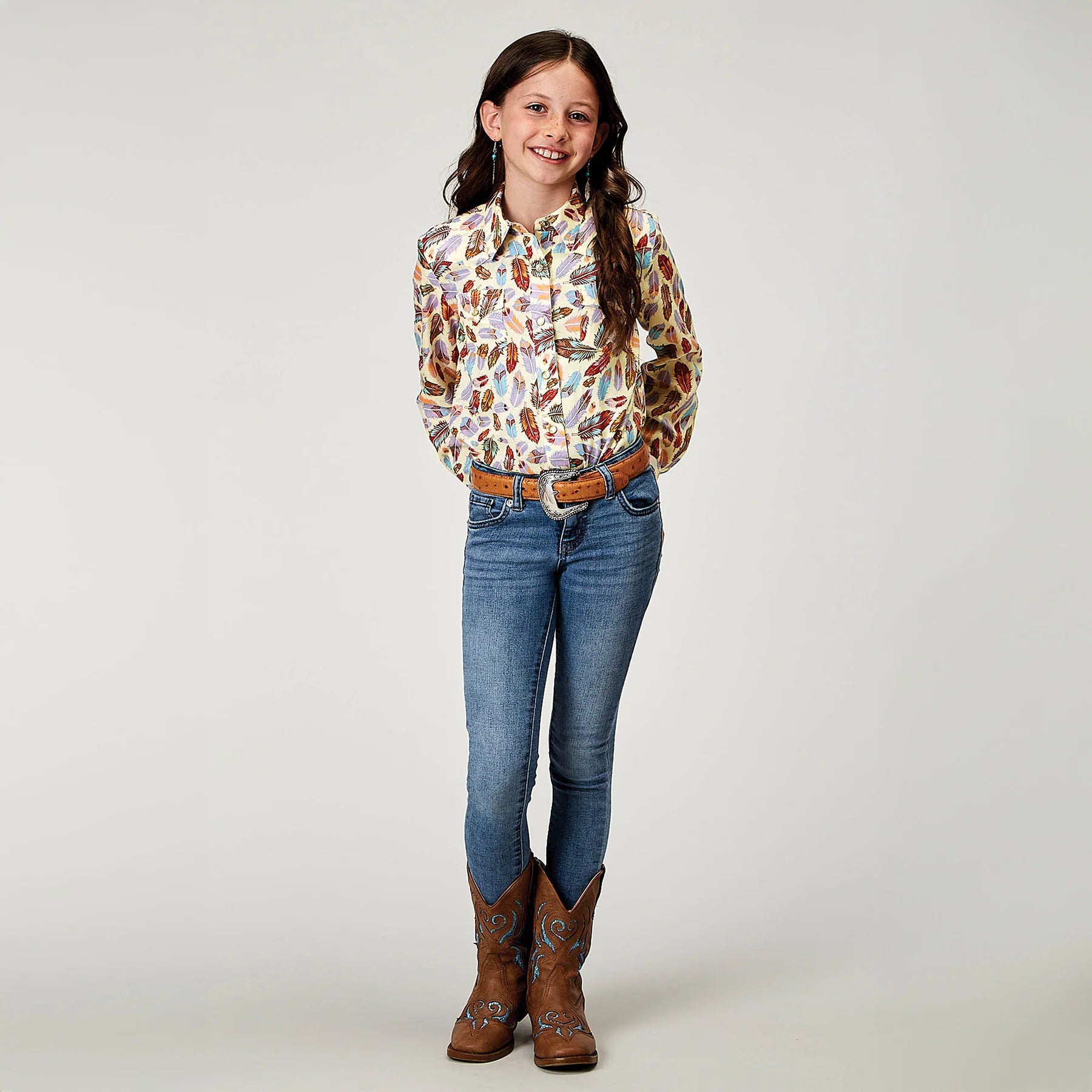 Roper Girl's - Five Star Collection Shirt - Multi Coloured Feathers