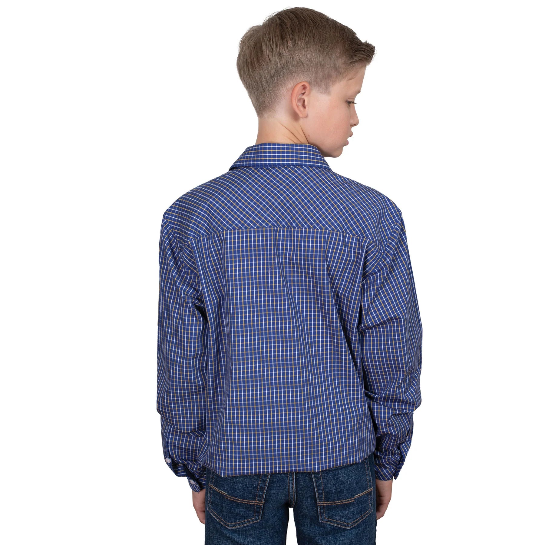Just Country Boy's Brayden Half Button Print Long Sleeve Shirt - Cobalt/White/Yellow Plaid