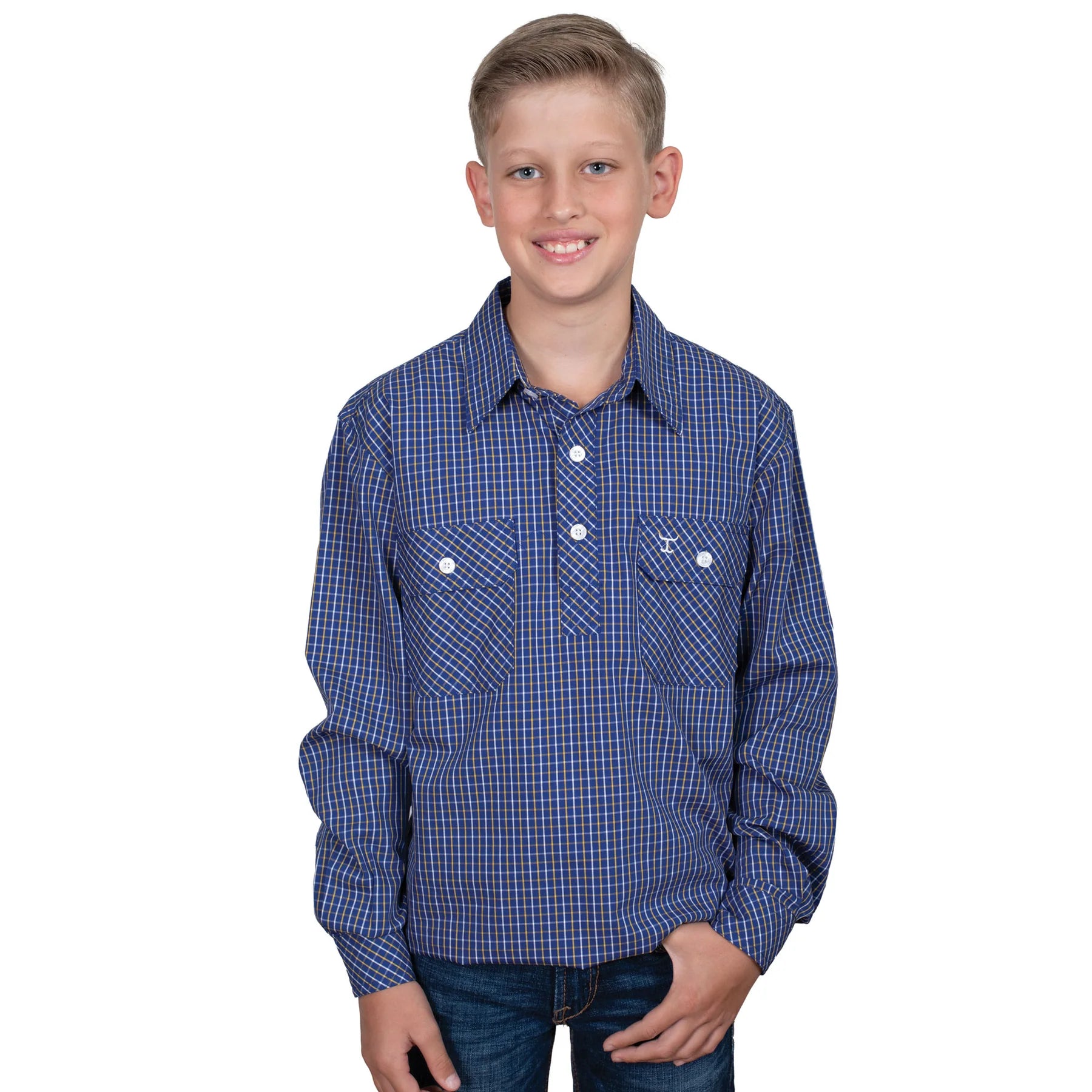 Just Country Boy's Brayden Half Button Print Long Sleeve Shirt - Cobalt/White/Yellow Plaid