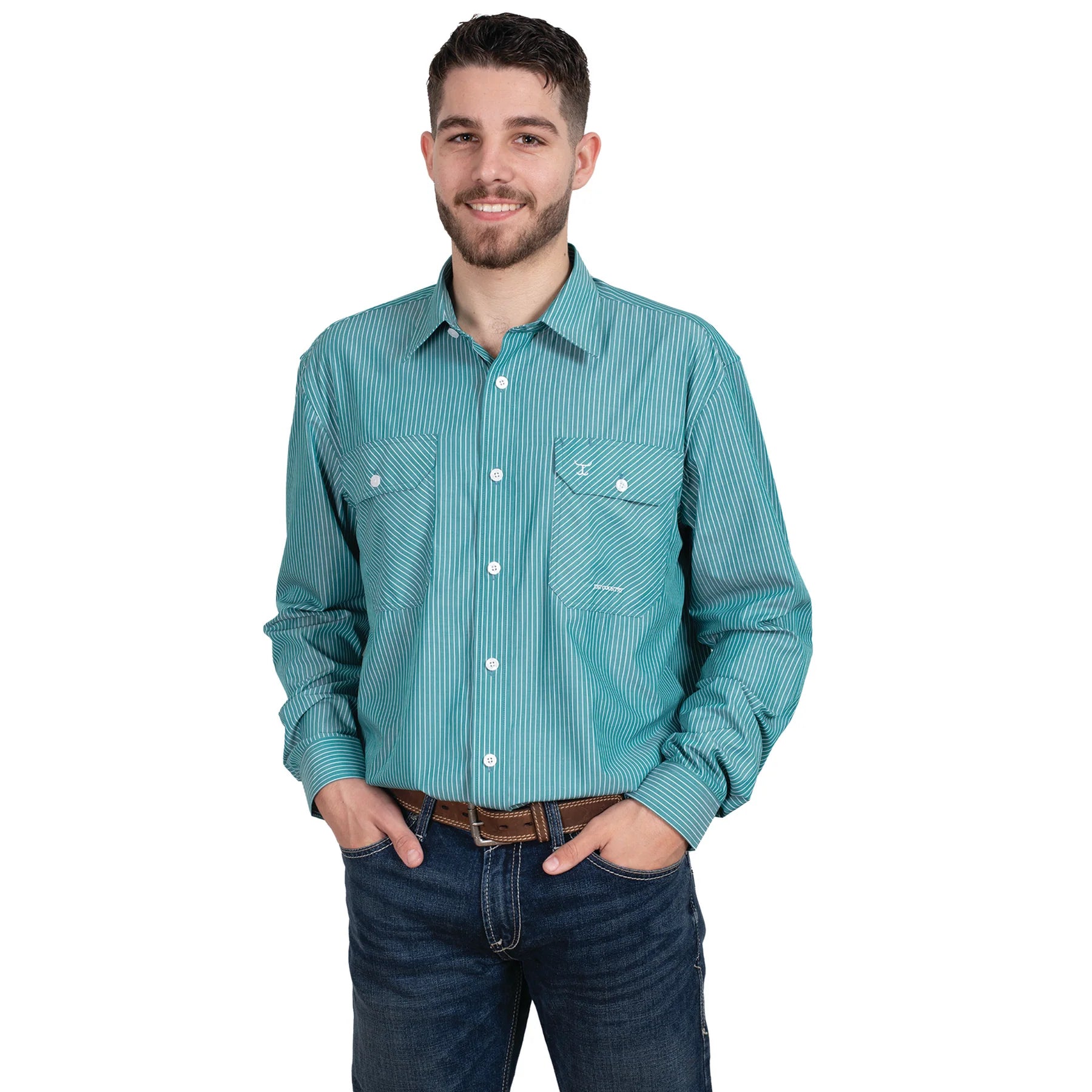 Just Country Evan Full Button Shirt | Green/White Stripe