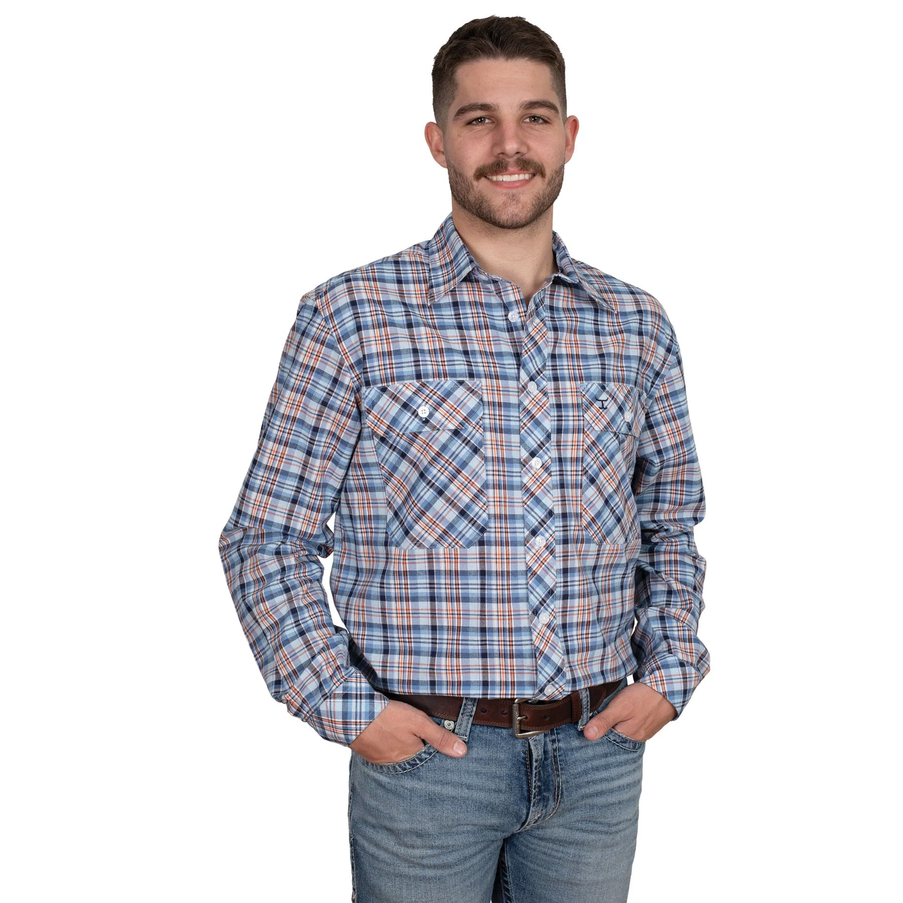 Just Country Mens Austin Shirt - Blue/Navy/Orange Plaid