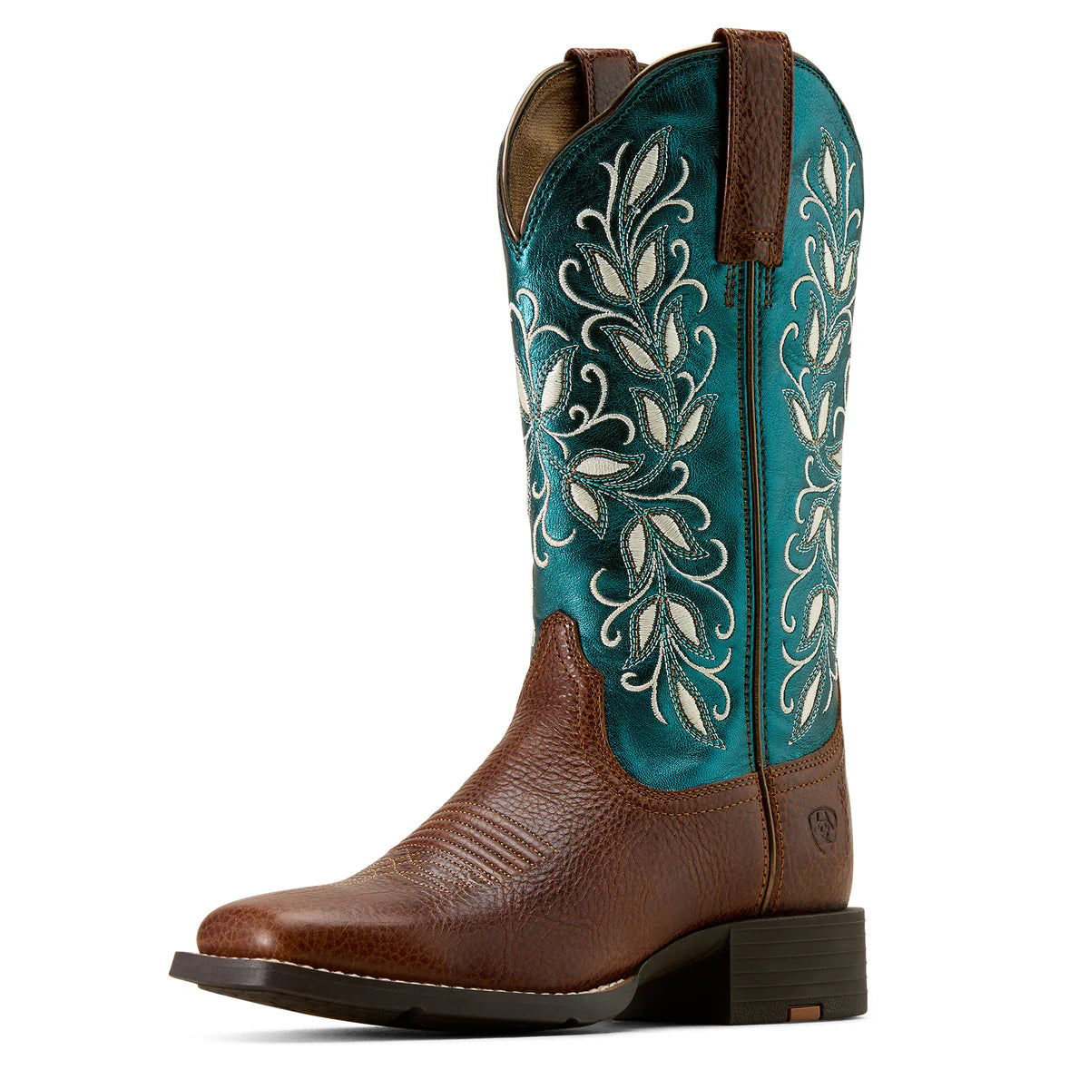 Womens Ariat Round Up Holly Wide Square Toe Western Boot Brown/Metalic Sea