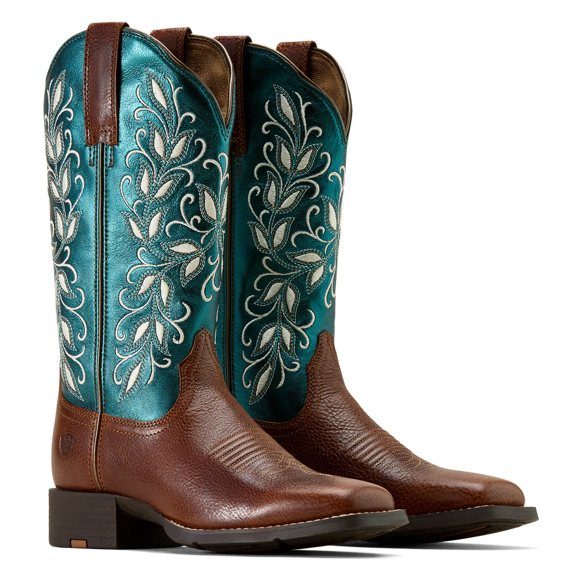 Womens Ariat Round Up Holly Wide Square Toe Western Boot Brown/Metalic Sea