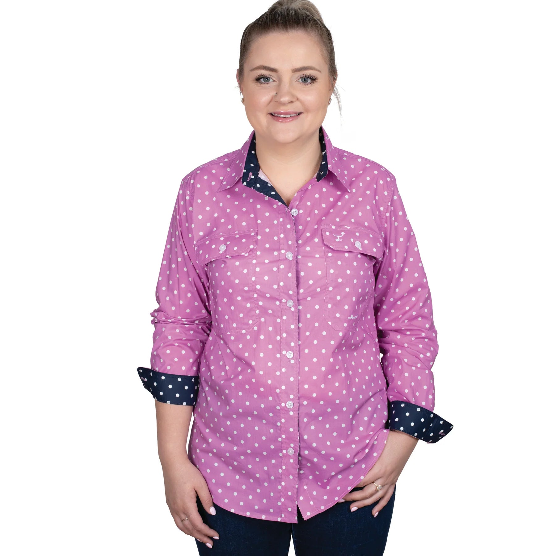 Just Country Womens Abbey Workshirt | Radiant Orchid Dots/Navy Dots