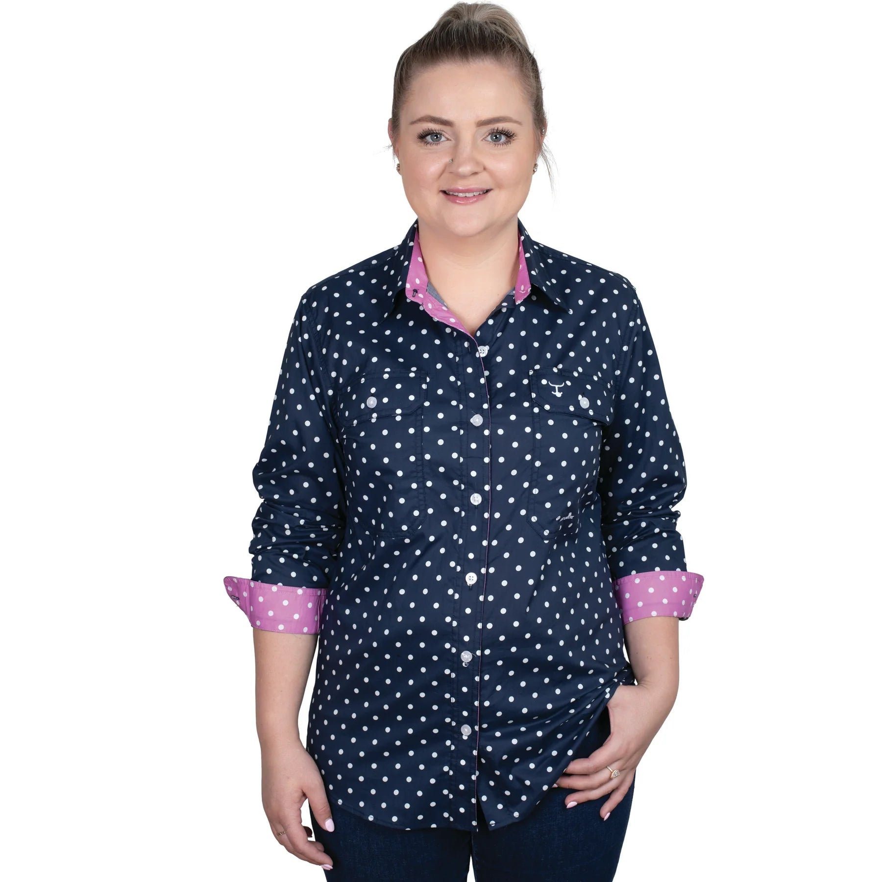 Just Country Womens Abbey Workshirt | Navy Dots/Radiant Orchid Dots