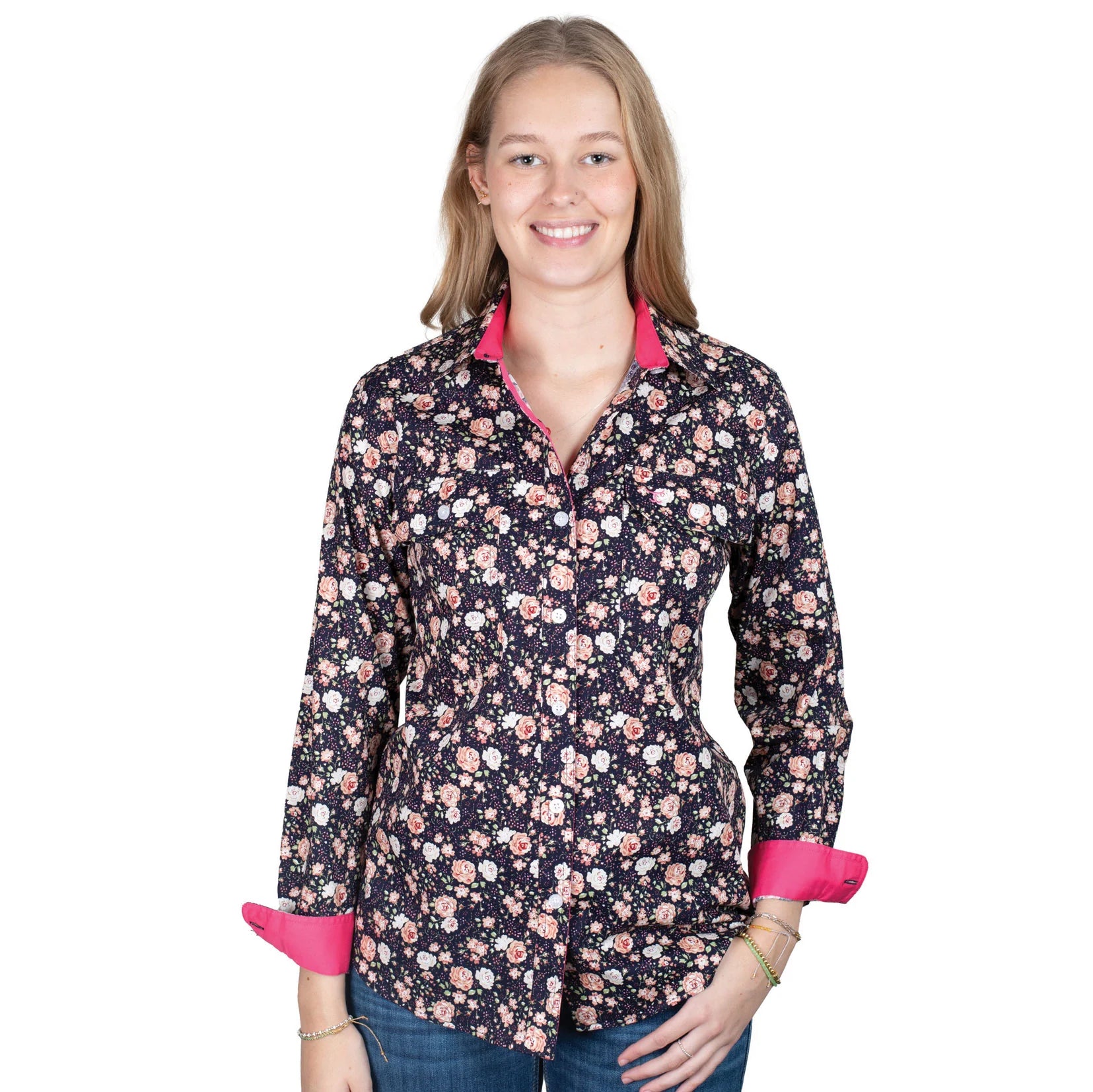 Just Country Womens Abbey Workshirt | Navy Peonies/Hot Pink