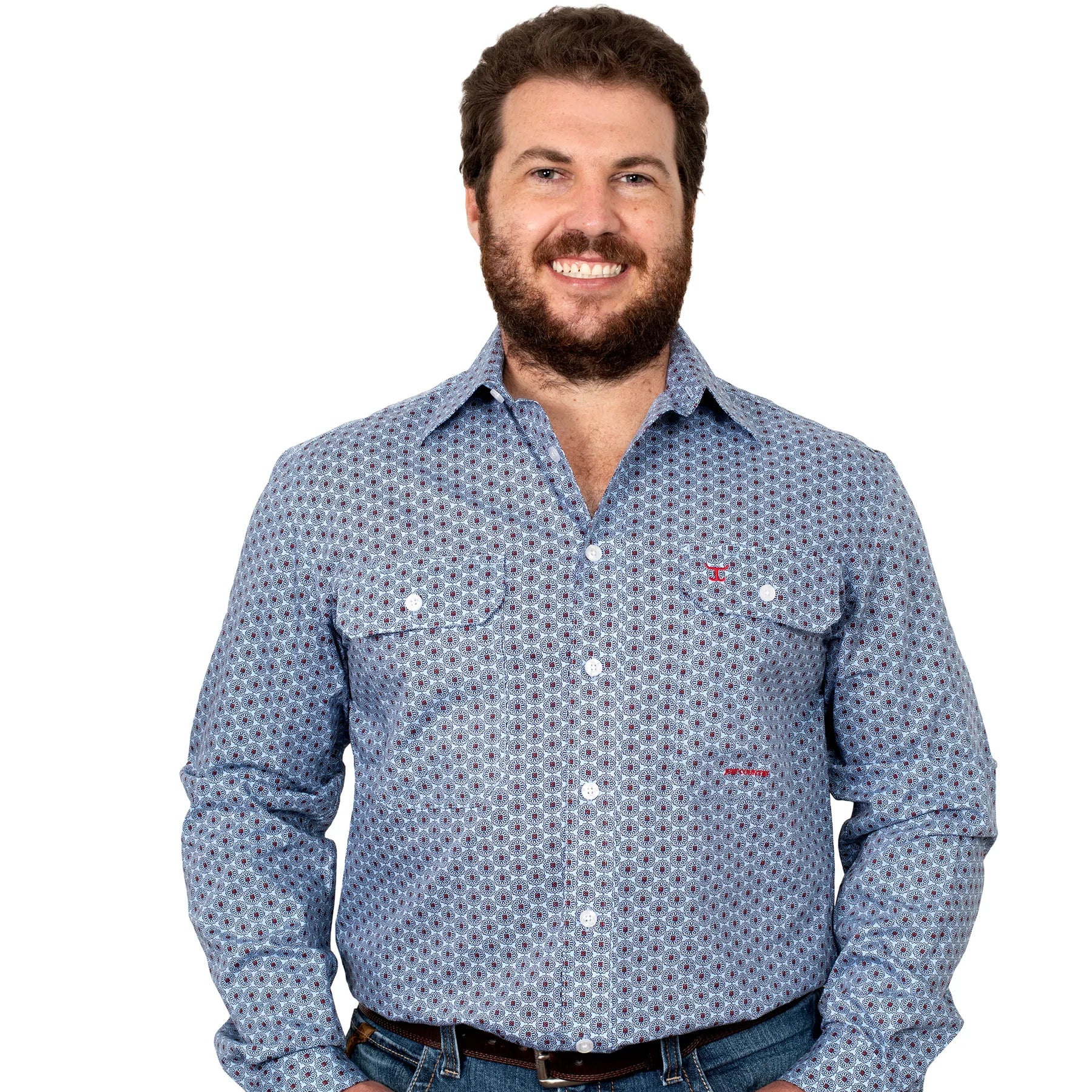 Mens Austin Full Button Print Workshirt - Light Blue