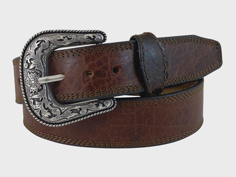 Roper Mens Belt 1.1/2'' American Bison Leather Tripple Stitched Hazelnut Bison