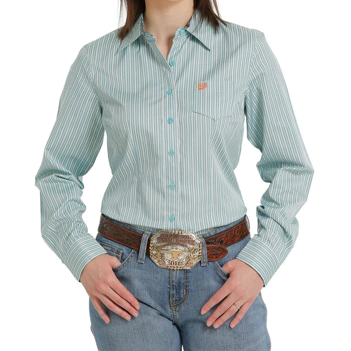 Cinch Ladies Long Sleeve Shirt - Tencel - Green Stripe