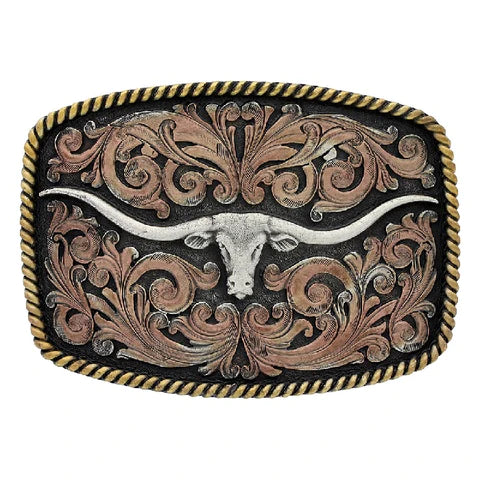 WESTERN BELT BUCKLE - TRI-COLOURED TEXAS LONGHORN