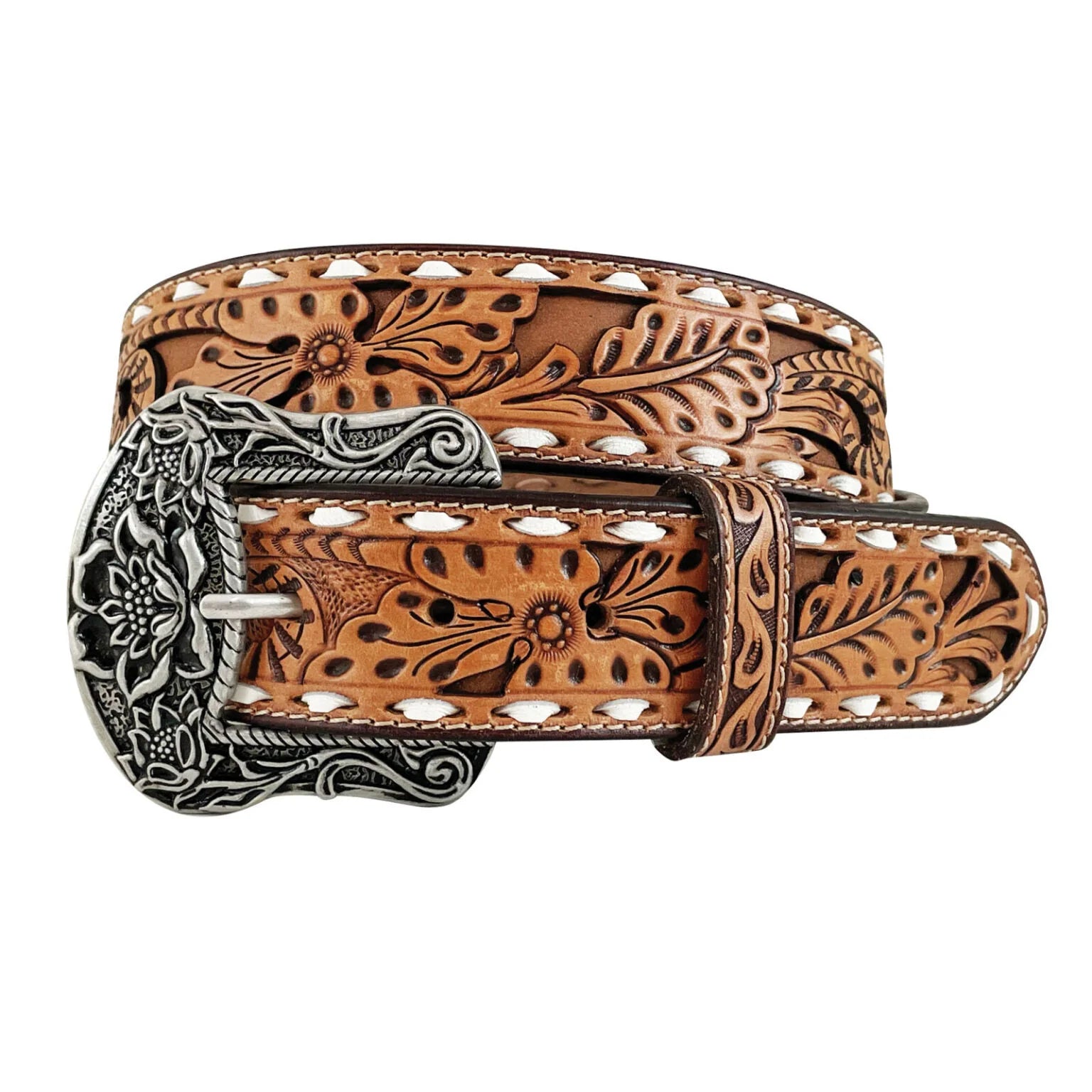 Women's Roper Genuine Leather Tan Belt with Floral Hand Tooling and Cutouts