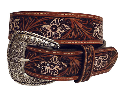 Woman's Roper Belt - Western Floral Tooled Leather With Basket Weave End Tabs
