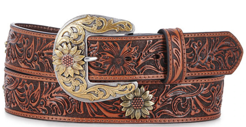 Ariat Women's Brown Tooled Sunflower Concho Leather Tan Belt