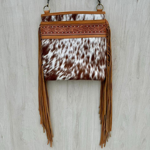 Hand Painted Medium Sling Cowhide Bag With Fringes