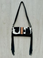 Hand Painted Tooling Leather Flap Cowhide Bag With Fringes