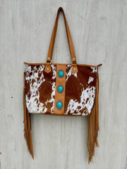 Big Cowhide Bag With Turquoise Stonework and Fringes