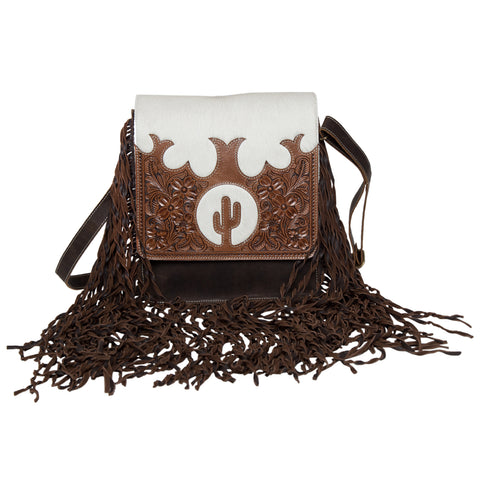 Tooling Leather Flap Sling Cowhide Bag With Fringes