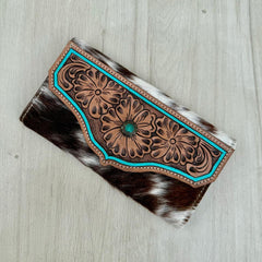 Cowhide Tooling Leather Wallet With Turquoise Stonework