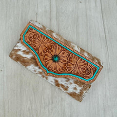 Cowhide Tooling Leather Wallet With Turquoise Stonework