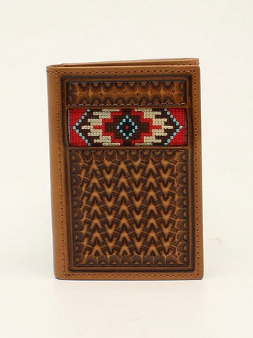 Ariat® Mens' Aztec Embroidered Embossed Tan Leather Trifold Wallet