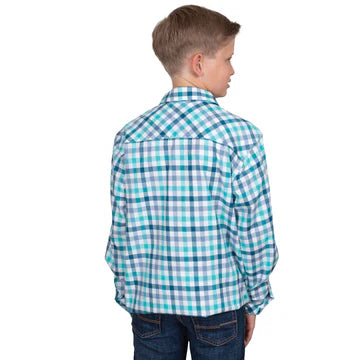 Just Country Boy's Brayden Half Button Print Long Sleeve Shirt  - Turquoise Deep Teal Check