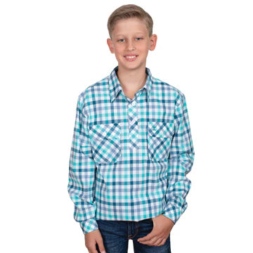 Just Country Boy's Brayden Half Button Print Long Sleeve Shirt  - Turquoise Deep Teal Check