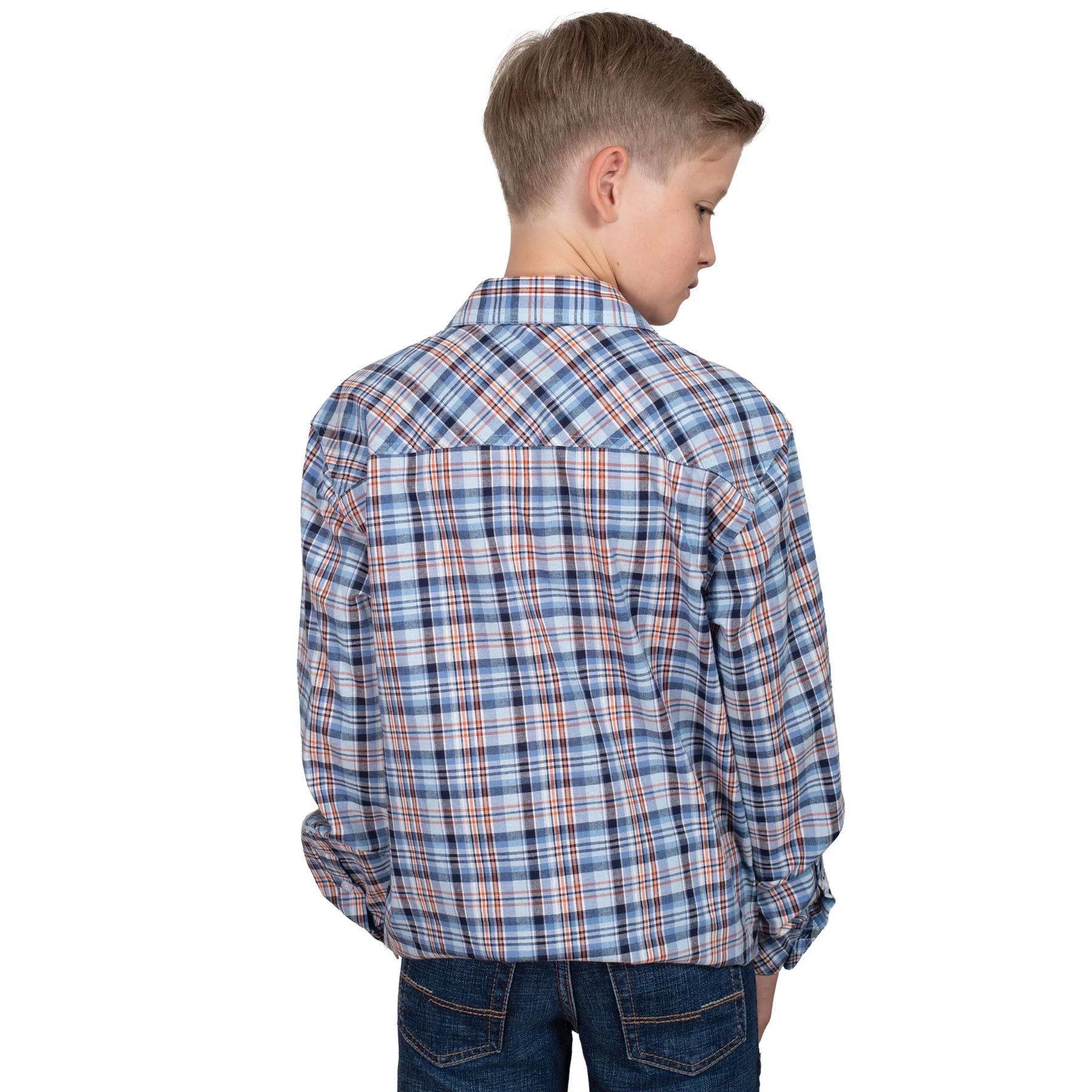 Just Country Boy's Brayden Half Button Print Long Sleeve Shirt  - Blue/Navy/Orange Plaid