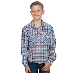 Just Country Boy's Brayden Half Button Print Long Sleeve Shirt  - Blue/Navy/Orange Plaid