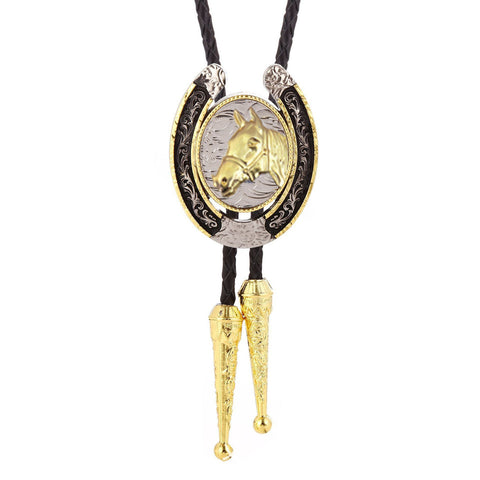 Brigalow Bolo Tie - Oval Horsehead - Gold/Black Horsehoe