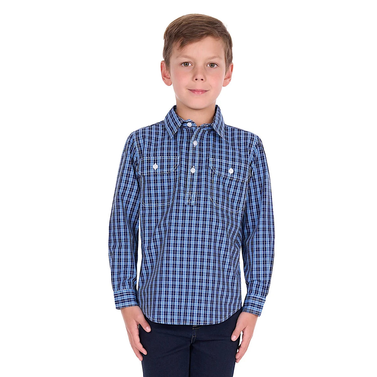 Hard Slog Boy's Wyatt Half Placket Long Sleeve Shirt - Blue