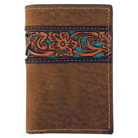 Roper Wallet - Tri-Fold Tooled Leather - Dark Brown