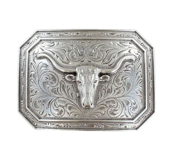 Ariat Trophy Buckle - Rectangle Longhorn Aged Silver