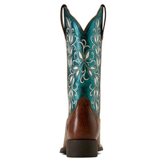 Womens Ariat Round Up Holly Wide Square Toe Western Boot Brown/Metalic Sea