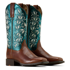 Womens Ariat Round Up Holly Wide Square Toe Western Boot Brown/Metalic Sea