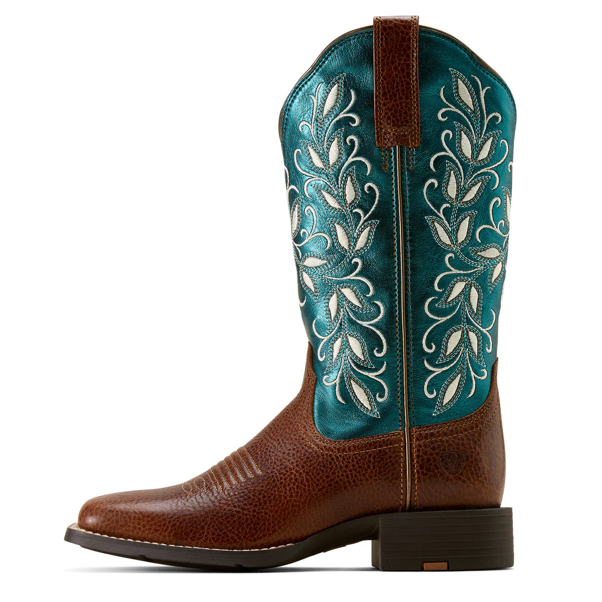 Womens Ariat Round Up Holly Wide Square Toe Western Boot Brown/Metalic Sea