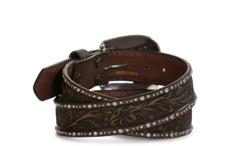 Ariat Ladies Belt Leather Floral Tooling And Studs - Brown