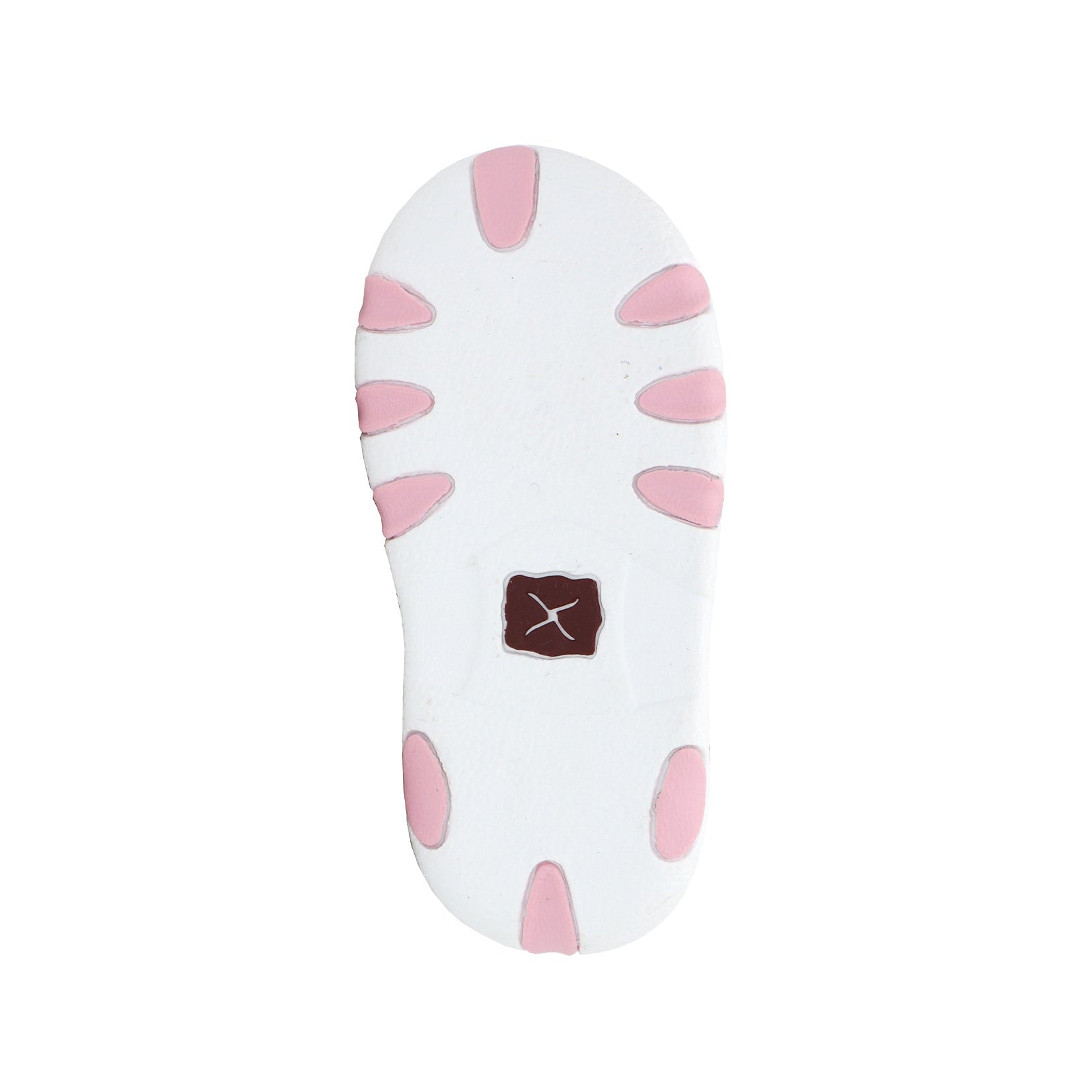 A white shoe sole with pink petal-like cutouts and a small brown square patch with a white X logo in the center, shown on a plain white background.