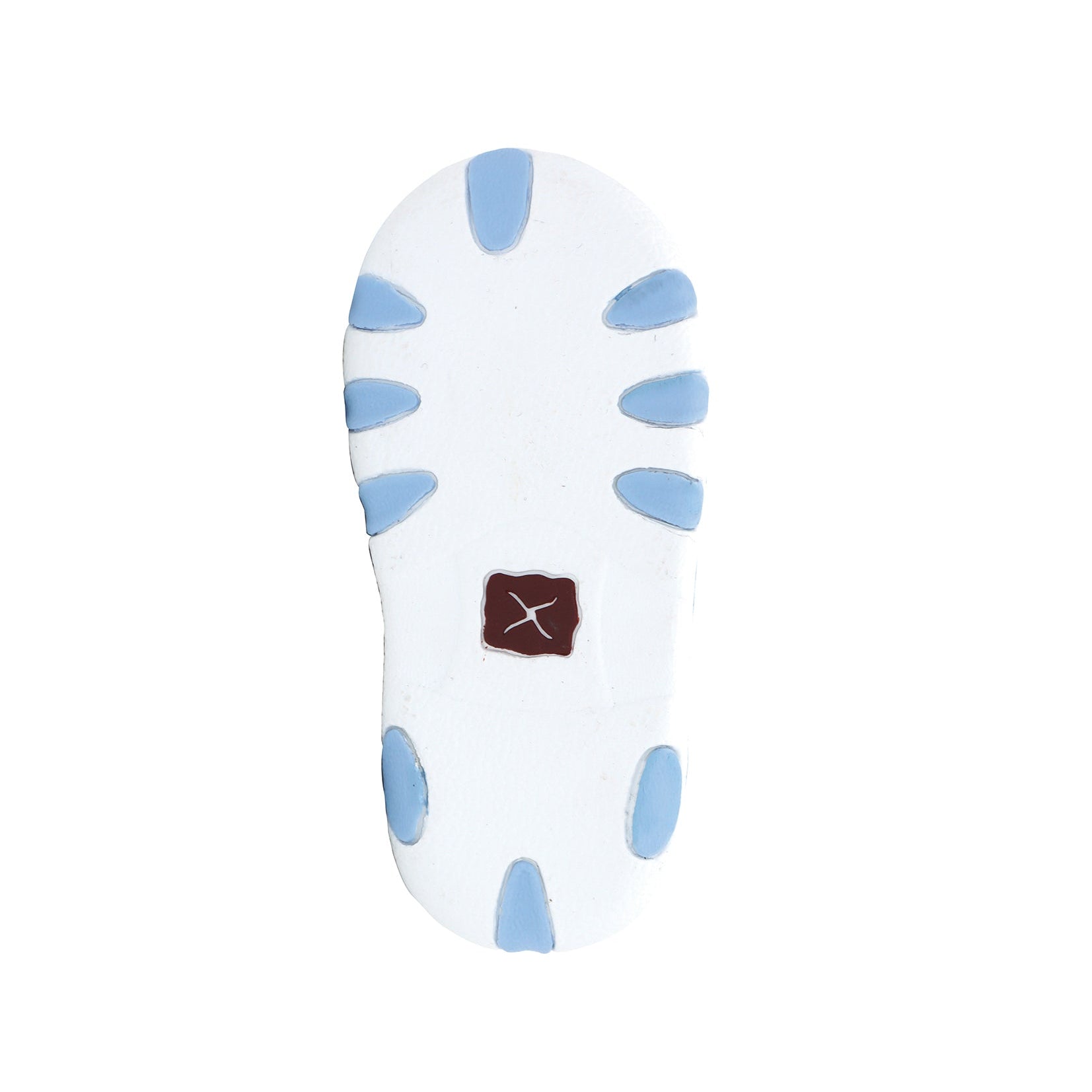 A white shoe sole with light blue segmented accents and a small brown square logo patch featuring a white X, shown on a plain white background.