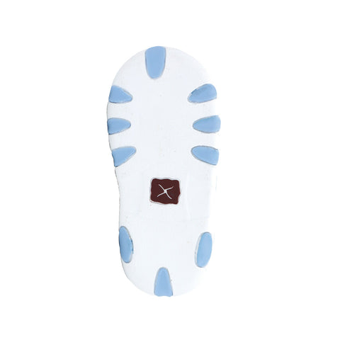 A white shoe sole with light blue segmented accents and a small brown square logo patch featuring a white X, shown on a plain white background.