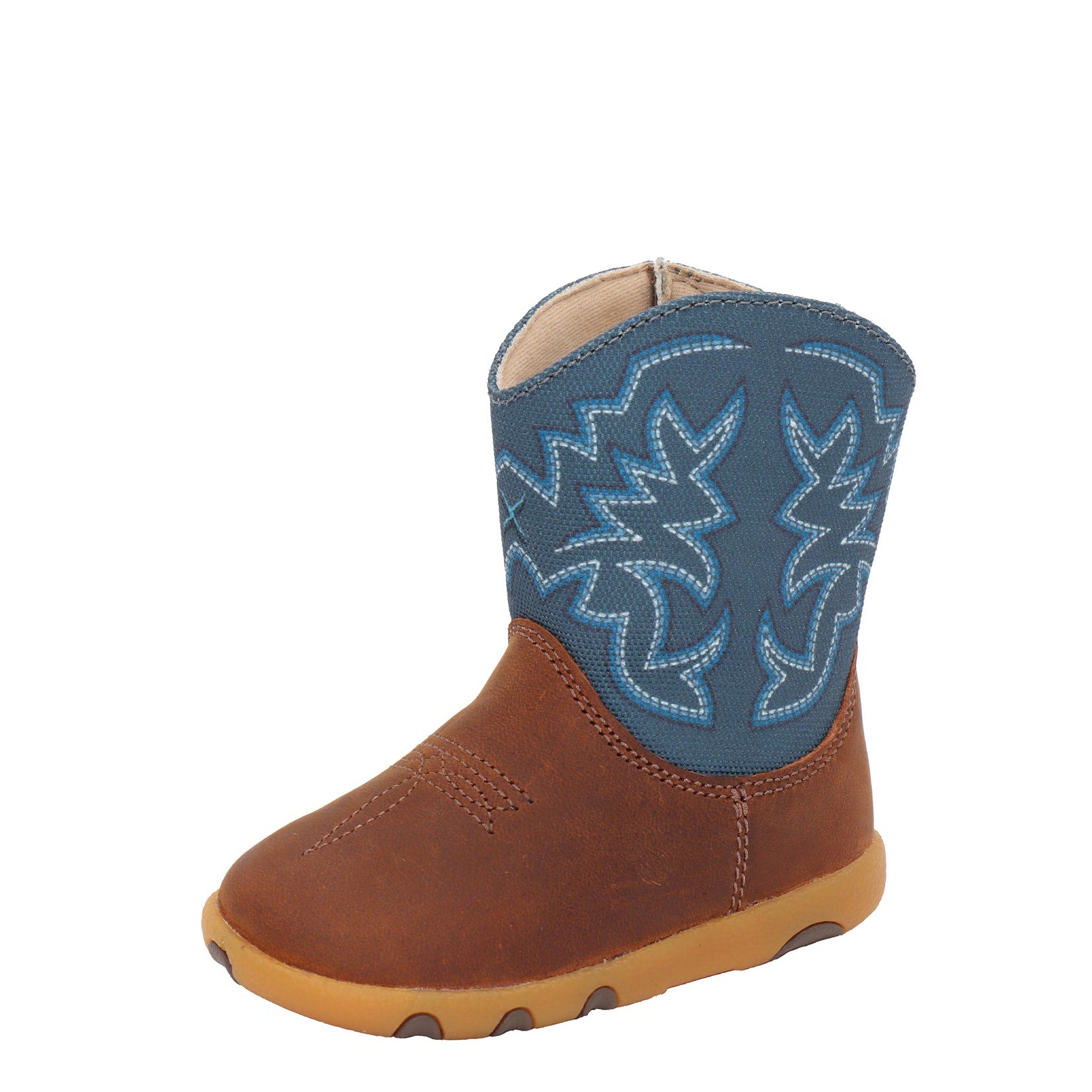 A single toddler's western-style boot with a brown leather lower section and a blue denim upper shaft featuring light blue embroidered star patterns, shown against a plain white background.