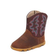 A single toddler's western-style cowboy boot in brown leather, featuring a burgundy shaft with pink and blue embroidered floral patterns and a tan outsole.
