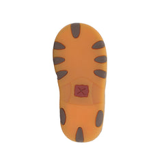 A close-up top-down view of a shoe sole, showing a textured orange surface with dark brown grip patterns and a small red logo patch in the center, isolated on a white background.