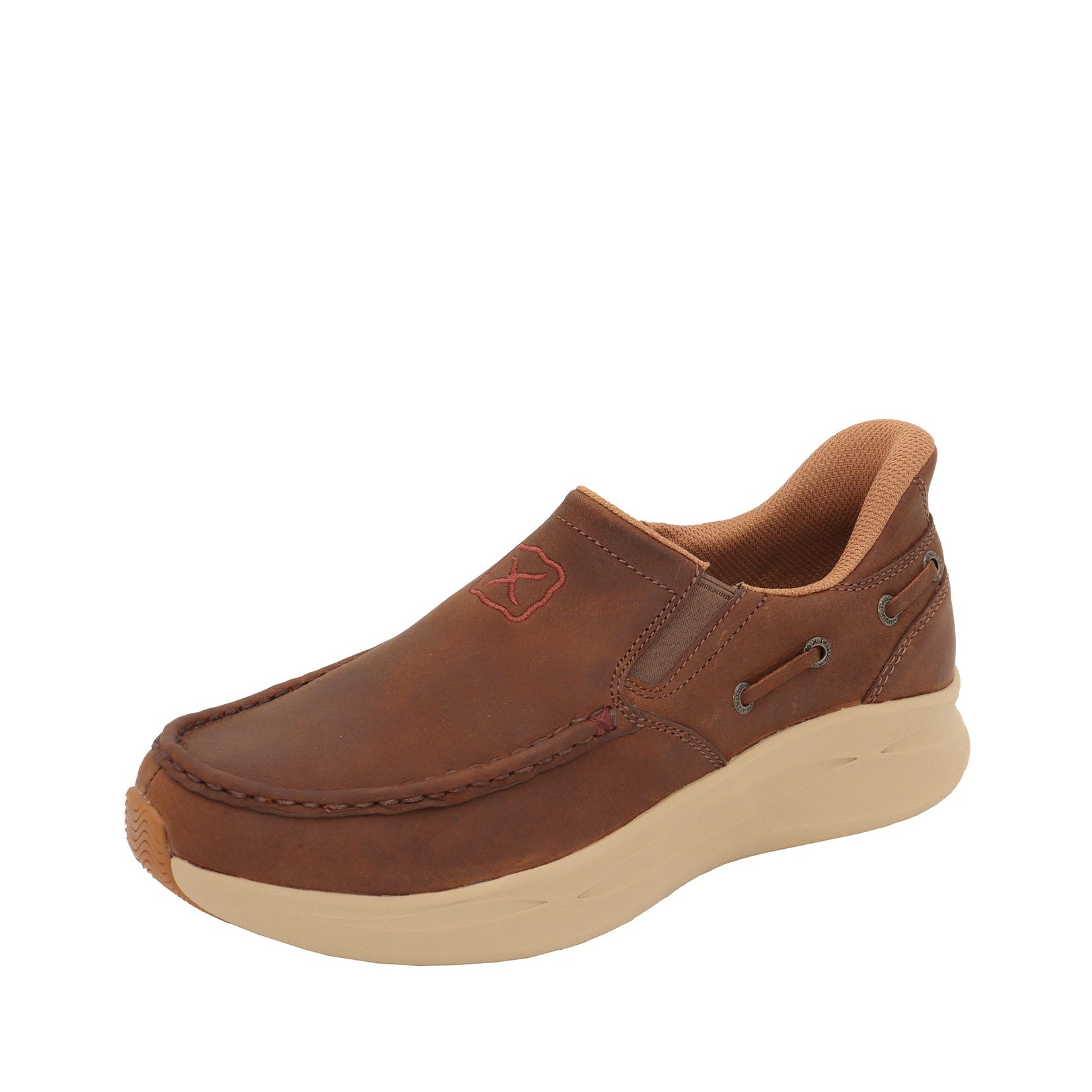 A leather sneaker with a white sole and a small orange accent on the toe cap, shown from a side profile against a white background.