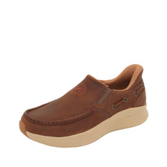 A leather sneaker with a white sole and a small orange accent on the toe cap, shown from a side profile against a white background.