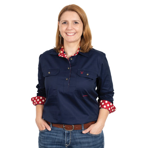 Just Country Ladies Jahna Half Button Shirt - Navy with Crimson Spots