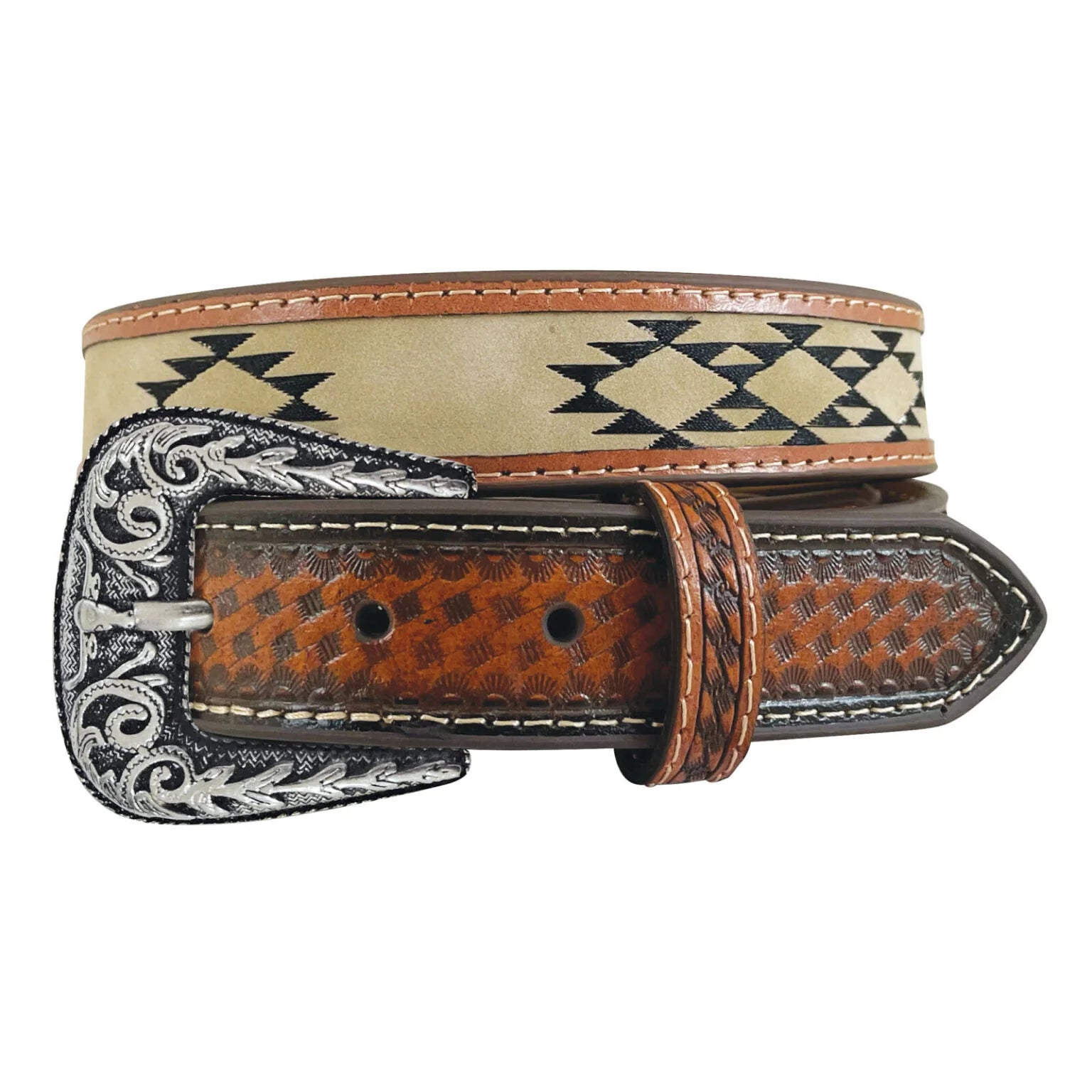 Boy's Roper Brown Genuine Leather Belt - Aztec Embroidered Inlay Basket Weave