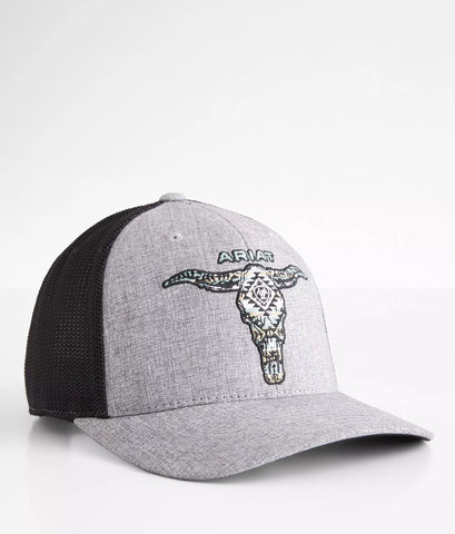 Ariat Mens Flex Fit Cap - Grey with embroidered Long Horn